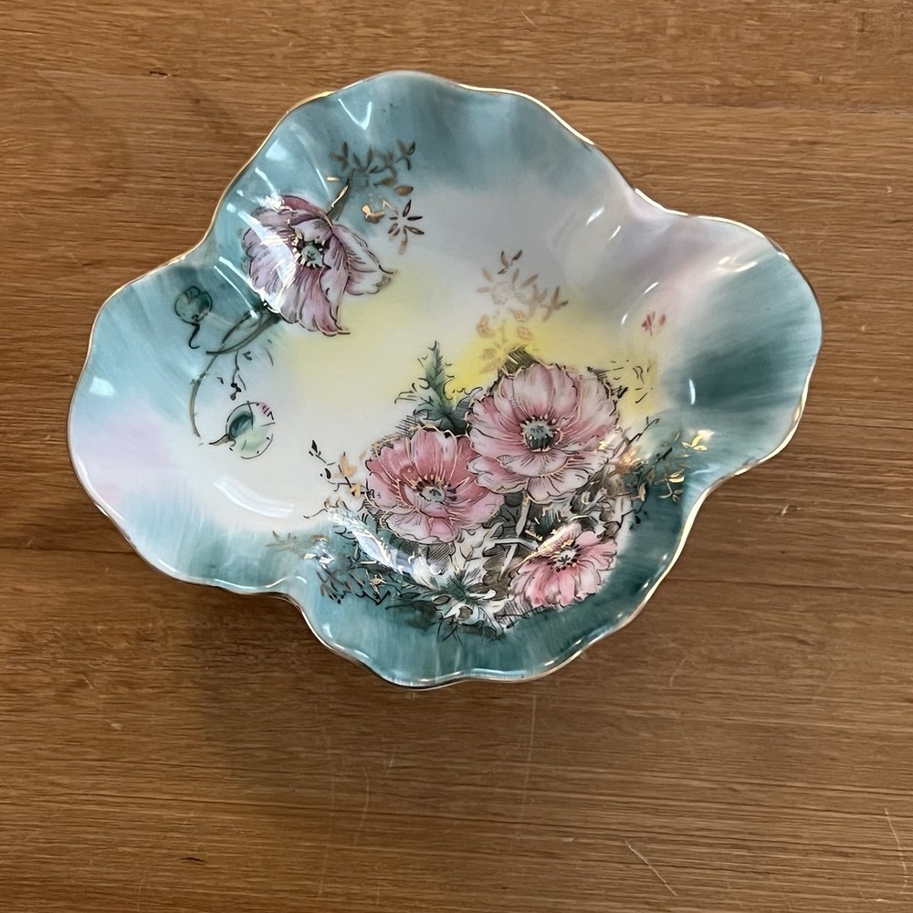 Vintage Lefton Hand Painted Floral Porcelain Trinket Dish Gold Trim‎ Japan